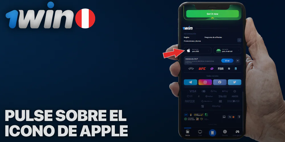 Busque el icono de iOS en la parte inferior del sitio web de 1Win