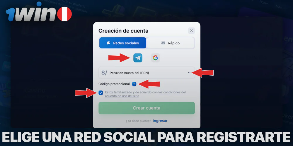 Registro en 1Win a través de las redes sociales