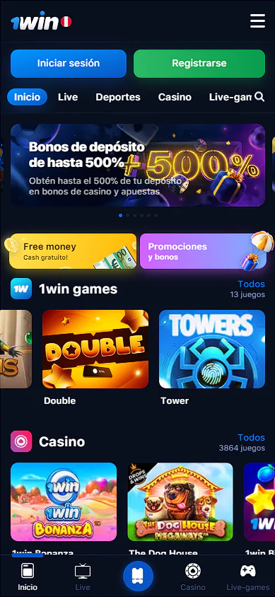 Captura de pantalla de la página principal de la versión móvil de 1Win