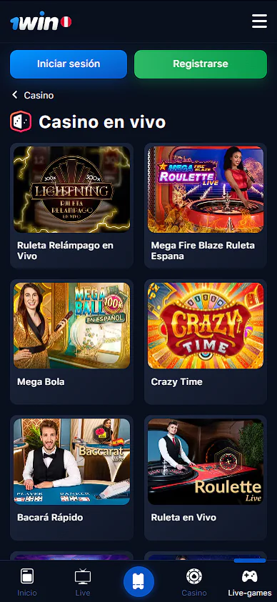 Captura de pantalla del casino en vivo móvil 1Win