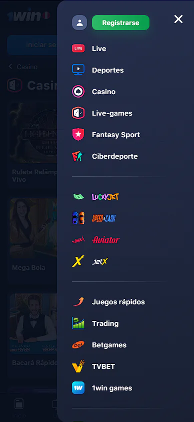 Captura de pantalla del menú móvil 1Win
